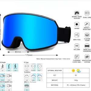 Ski Goggles Over Glasses with Dual lens | Anti-fog Anti-UV Snow Goggles for Men Women Youth Skiing Snowmobile
