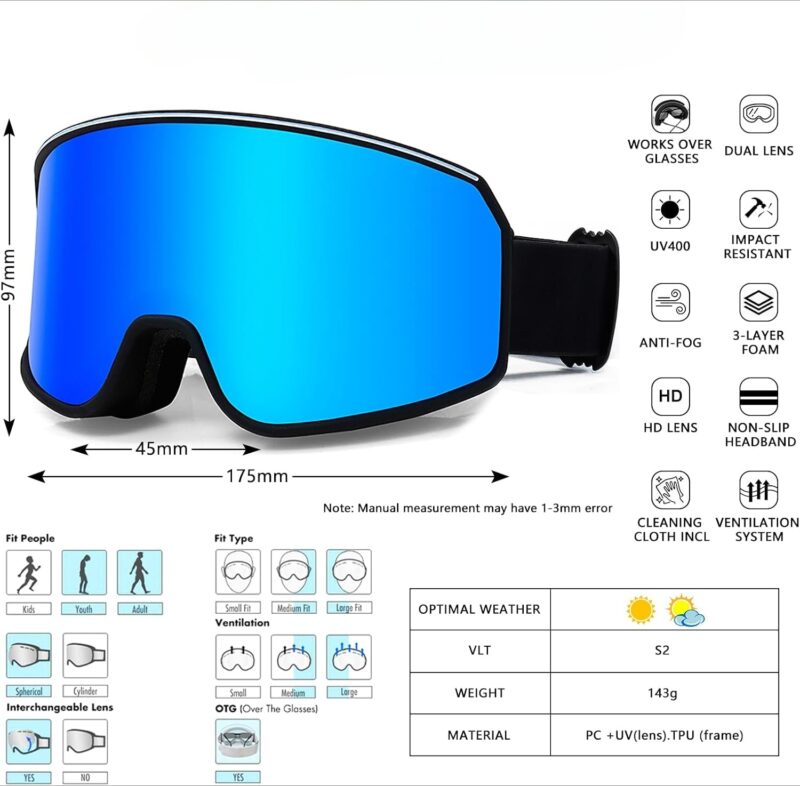 Ski Goggles Over Glasses with Dual lens | Anti-fog Anti-UV Snow Goggles for Men Women Youth Skiing Snowmobile
