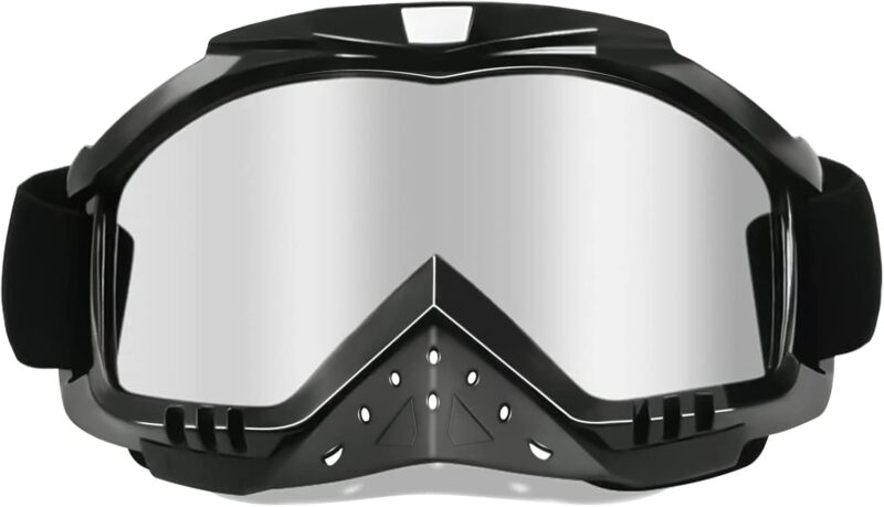 Motorcycle Goggles Dirt Bike Goggles Grip For Helmet Anti UV Windproof Dustproof Anti Fog Glasses for ATV Off Road Racing with Cool Look Headwear Silver Lens 2 in 1