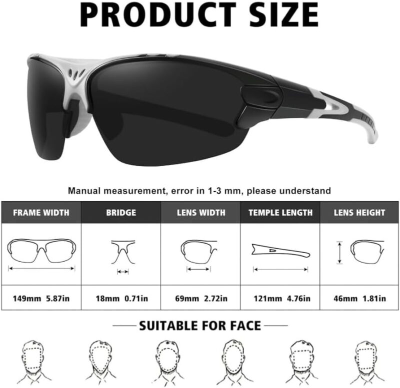 White And Black Shield Wraparound Sports Windproof Riding Running Hiking Cycling Fishing Motorcycle Hiking Sunglasses for Men Women Outdoor Polarized HD UV Protection Mirrored Reflective Sport Glasses