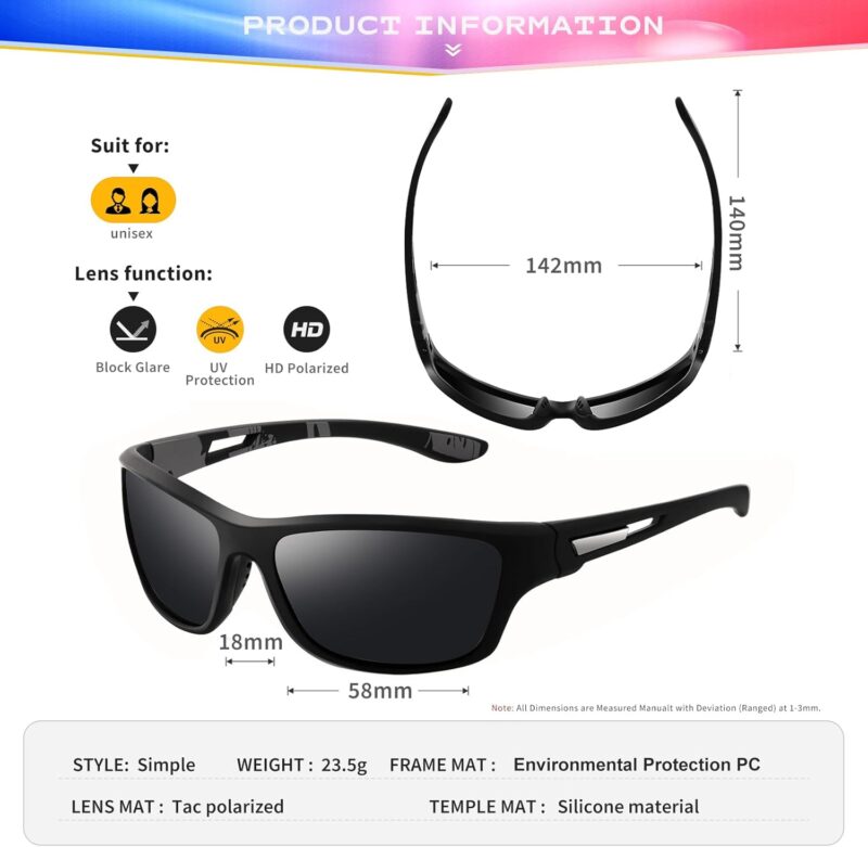 Polarized Sports Sunglasses for Men: UV400 Protection Glasses Womens Wrap Around Goggles for Driving Fishing