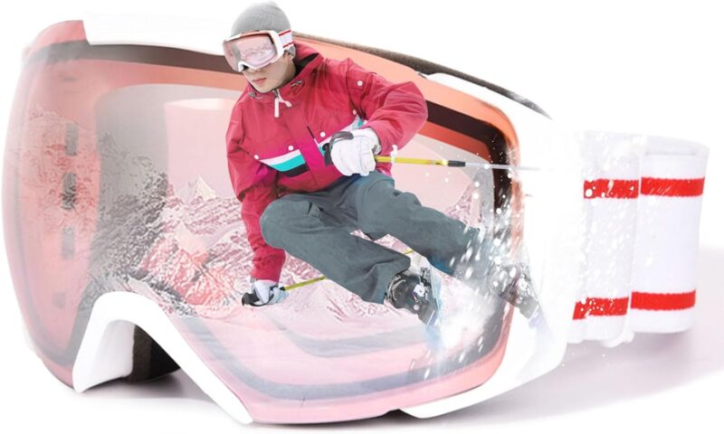 Ski Goggles for Women Men, OTG Anti Fog Snow/Snowboard Goggles with Non-slip Belt, UV Protection