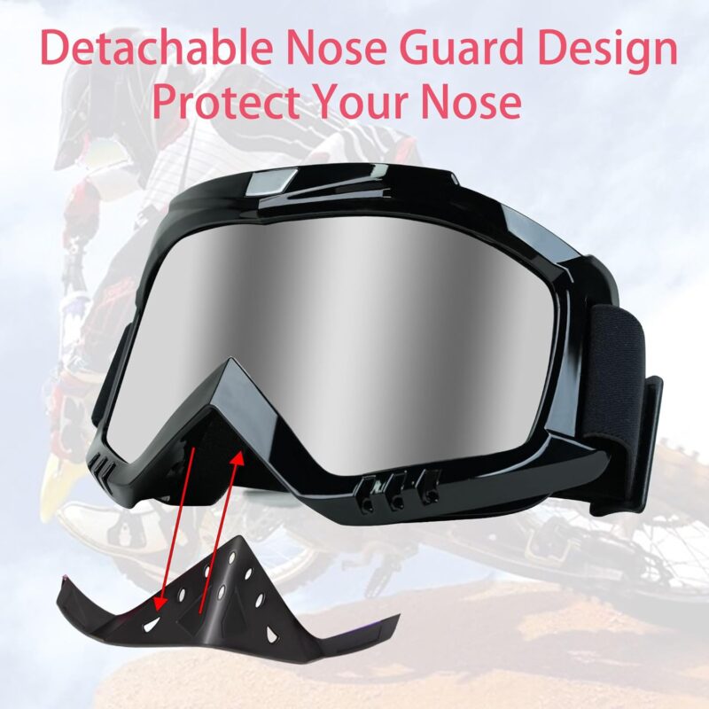 Motorcycle Goggles Dirt Bike Goggles Grip For Helmet Anti UV Windproof Dustproof Anti Fog Glasses for ATV Off Road Racing with Cool Look Headwear Silver Lens 2 in 1