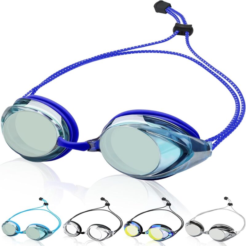 Swim Goggles for Adult Men Women Youth, Bungee Strap Swimming Goggles No Hair Pulling Mirrored/Clear Lens Goggles