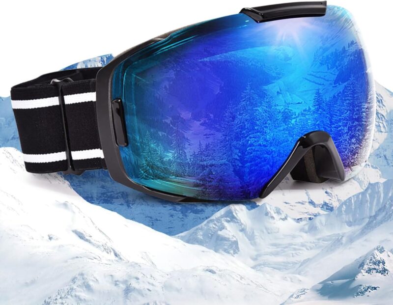 Ski Goggles for Women Men, OTG Anti Fog Snow/Snowboard Goggles with Non-slip Belt, UV Protection