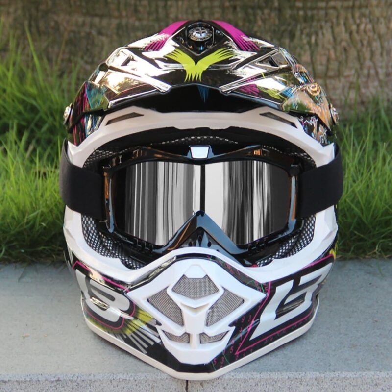 Motorcycle Goggles Dirt Bike Goggles Grip For Helmet Anti UV Windproof Dustproof Anti Fog Glasses for ATV Off Road Racing with Cool Look Headwear Silver Lens 2 in 1