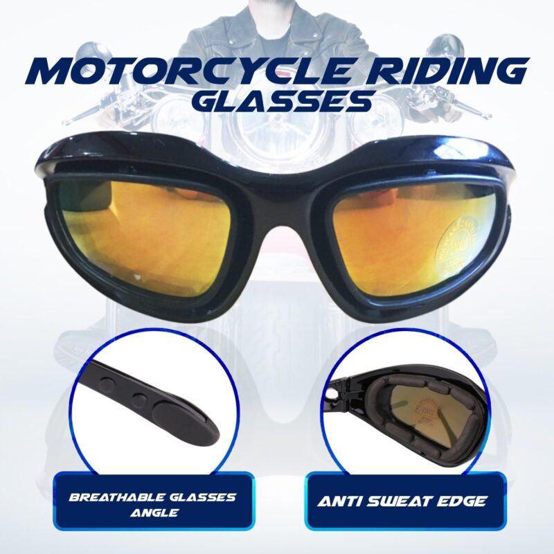 Motorcycle Riding Glasses Kit – 4 Lenses – Polarized, Smoke, Yellow, And Clear. Plus Case, Cleaning Cloth, And Strap Motorcycle Accessories.
