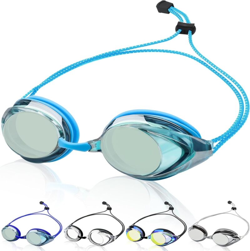 Swim Goggles for Adult Men Women Youth, Bungee Strap Swimming Goggles No Hair Pulling Mirrored/Clear Lens Goggles