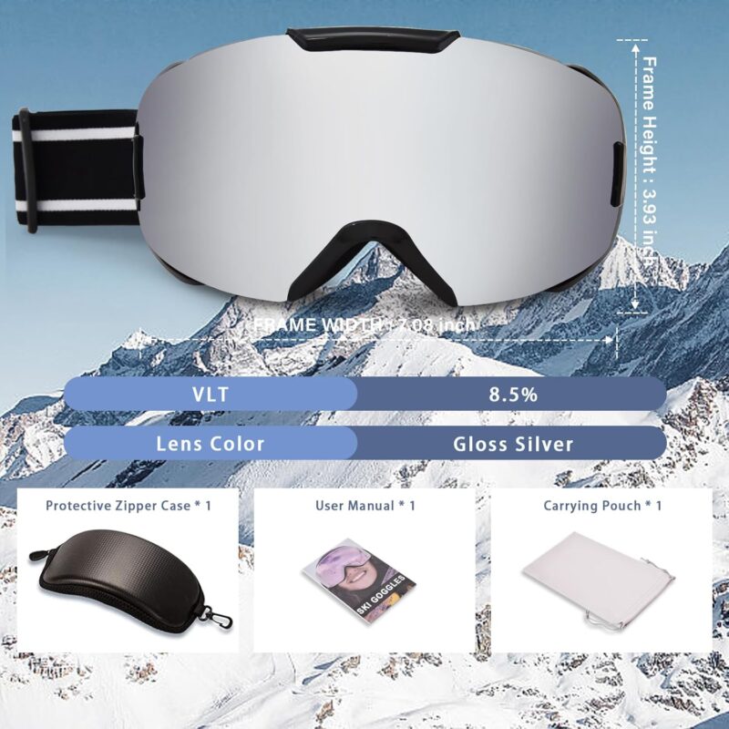 Ski Goggles for Women Men, OTG Anti Fog Snow/Snowboard Goggles with Non-slip Belt, UV Protection