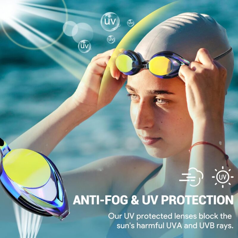 Swim Goggles for Adult Men Women Youth, Bungee Strap Swimming Goggles No Hair Pulling Mirrored/Clear Lens Goggles