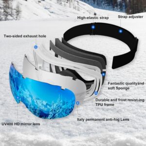 OTG Ski Goggles Men Women, Over Glasses Anti Fog Snowboard Goggles, UV Protection Snow Goggles for Adult & Youth