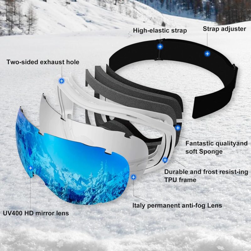 OTG Ski Goggles Men Women, Over Glasses Anti Fog Snowboard Goggles, UV Protection Snow Goggles for Adult & Youth