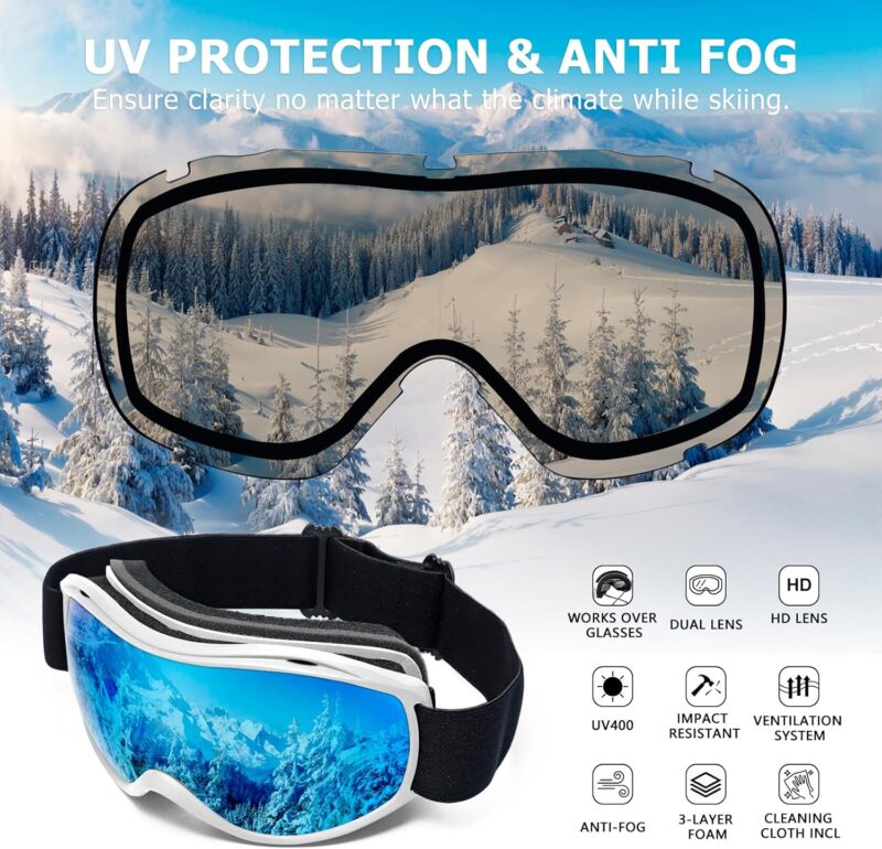 OTG Ski Goggles Men Women, Over Glasses Anti Fog Snowboard Goggles, UV Protection Snow Goggles for Adult & Youth