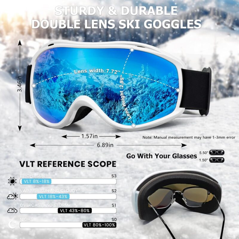 OTG Ski Goggles Men Women, Over Glasses Anti Fog Snowboard Goggles, UV Protection Snow Goggles for Adult & Youth