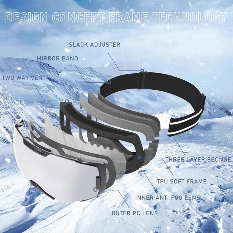 Ski Goggles for Women Men, OTG Anti Fog Snow/Snowboard Goggles with Non-slip Belt, UV Protection