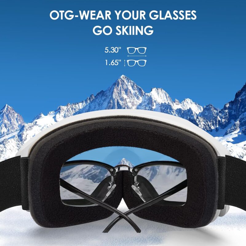 Ski Goggles, OTG-Over Glasses Ski/Snowboard Goggles for Men, Women & Youth,Anti Fog UV Protection Snow Goggles (Silver)
