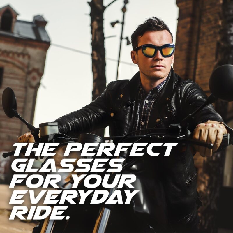 Motorcycle Riding Glasses Kit – 4 Lenses – Polarized, Smoke, Yellow, And Clear. Plus Case, Cleaning Cloth, And Strap Motorcycle Accessories.