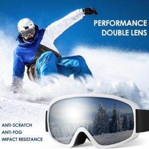 Ski Goggles, OTG-Over Glasses Ski/Snowboard Goggles for Men, Women & Youth,Anti Fog UV Protection Snow Goggles (Silver)