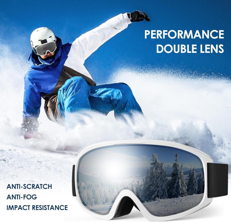 Ski Goggles, OTG-Over Glasses Ski/Snowboard Goggles for Men, Women & Youth,Anti Fog UV Protection Snow Goggles (Silver)