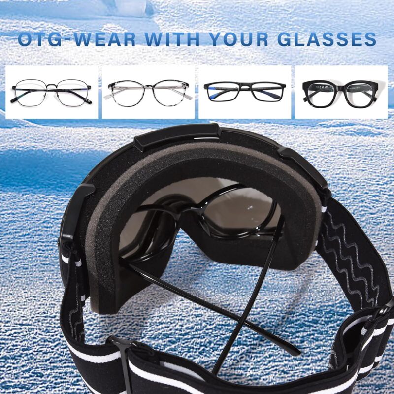 Ski Goggles for Women Men, OTG Anti Fog Snow/Snowboard Goggles with Non-slip Belt, UV Protection