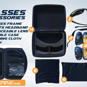 Motorcycle Riding Glasses Kit – 4 Lenses – Polarized, Smoke, Yellow, And Clear. Plus Case, Cleaning Cloth, And Strap Motorcycle Accessories.