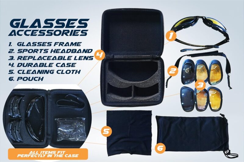 Motorcycle Riding Glasses Kit – 4 Lenses – Polarized, Smoke, Yellow, And Clear. Plus Case, Cleaning Cloth, And Strap Motorcycle Accessories.